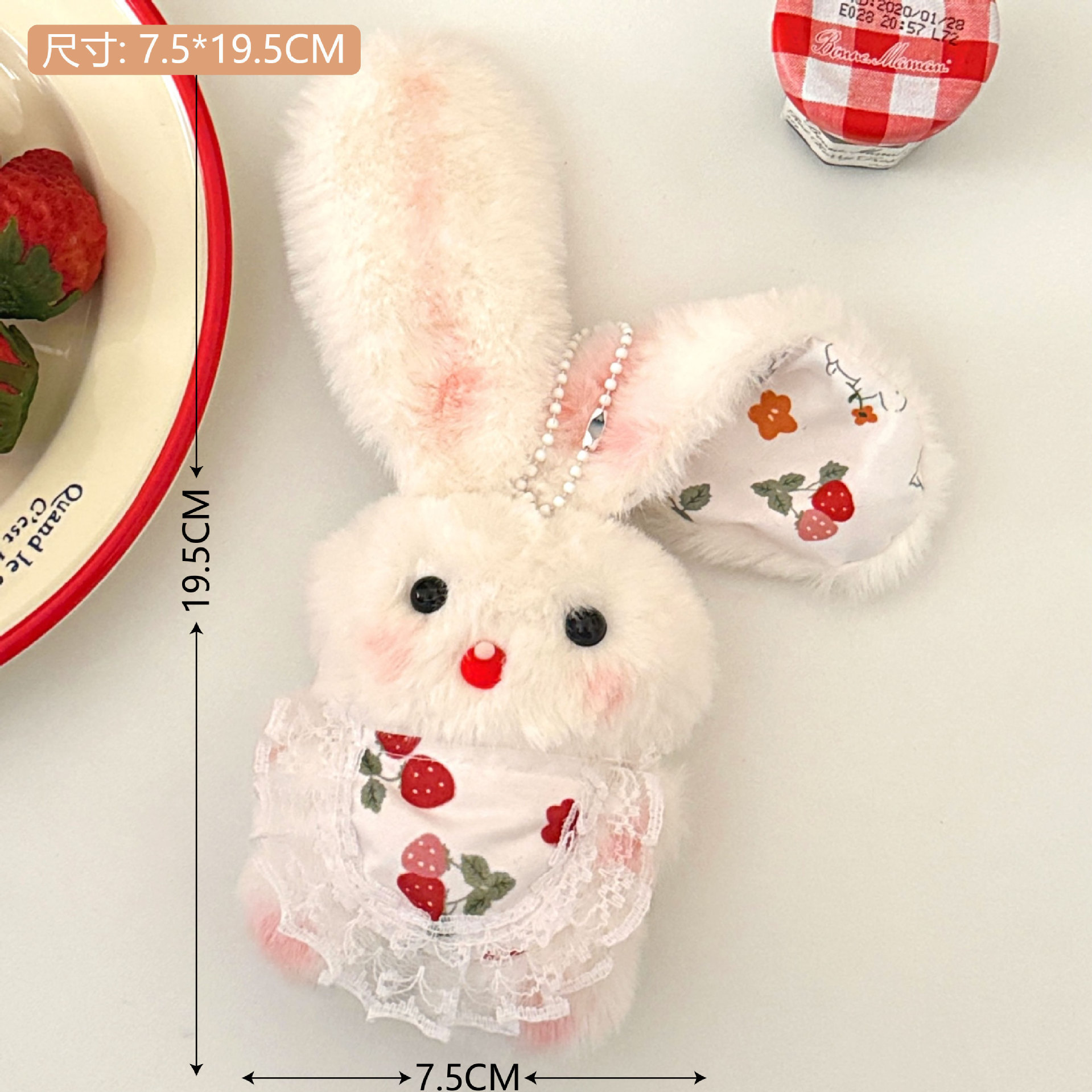 1#Delantal blanco con colgante de conejito de peluche.