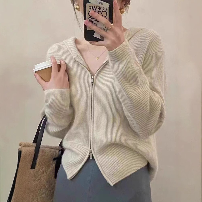 90 Count 100% Australian Wool Double Zipper Sweater Jacket Feminine Hooded Knitted Cardigan Korean Original Classy Top 90 Count 100% Australian Wool Double Zipper Sweater Jacket Feminine Hooded Knitted Cardigan Korean Original Classy Top