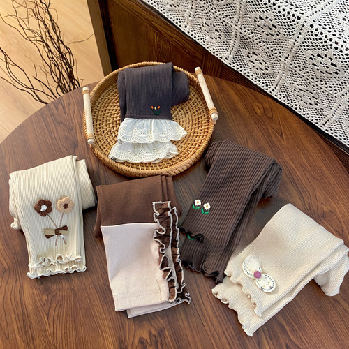 Korean Children's Fall  New Girl Leggings Thin Mushroom Edge Fine Striped Pants High Elasticity Pants