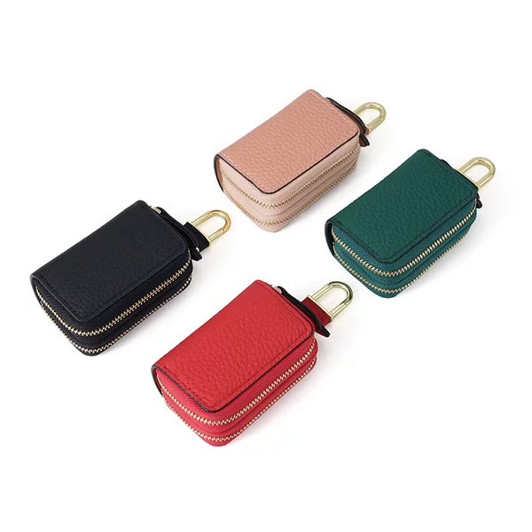 New double zipper car key leather case first layer cowhide car key case men and women cowhide hook key case