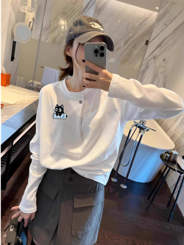 欧货纯棉一粒扣白色长袖T恤早秋女装2025新款宽松显瘦打底衫上衣|undefined