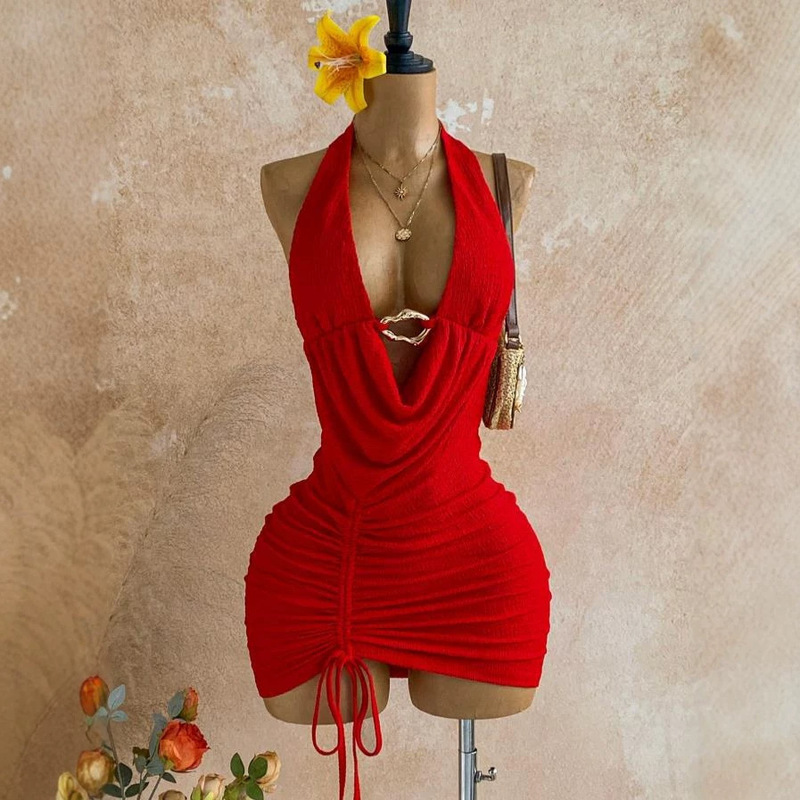 European and American Cross-Border 2026 New Style Simple Solid Color Metal Buckle Drawstring Ruched Knotted Backless Mini Dress European and American Cross-Border 2026 New Style Simple Solid Color Metal Buckle Drawstring Ruched Knotted Backless Mini Dress