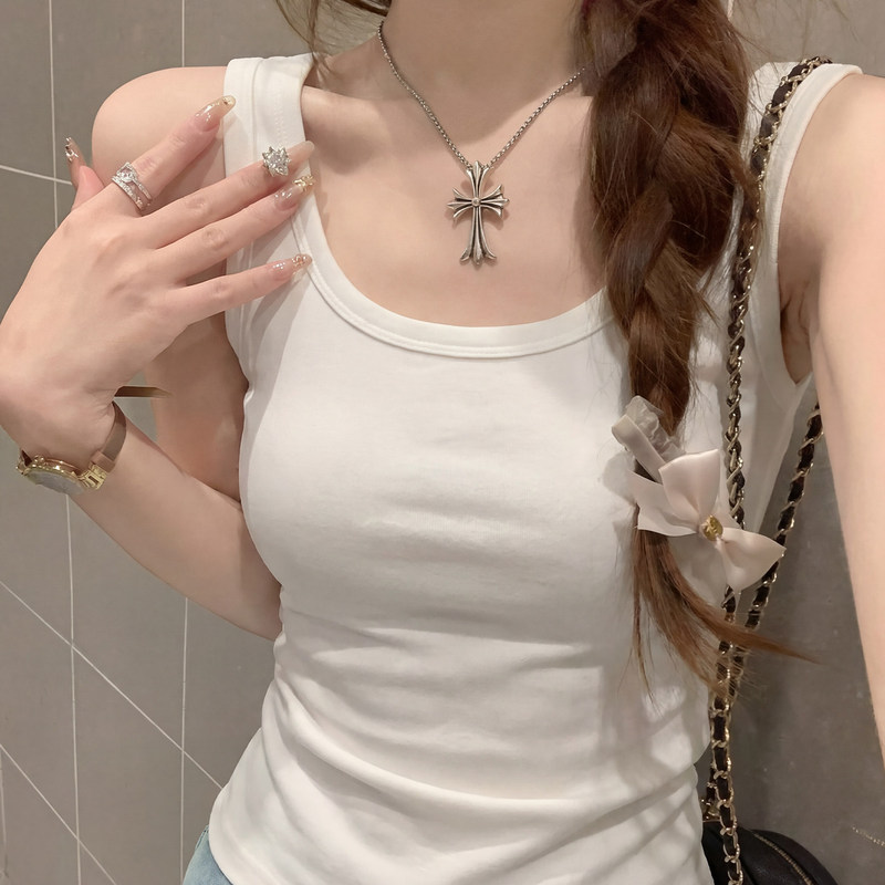White Camisole for Women, Summer Base Layer, Plus-Size Knit Top with Beautiful Back Design, Sleeveless