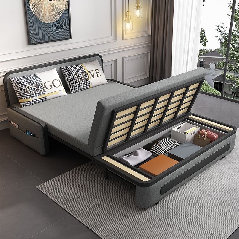 Small-sized multifunctional sofa bed with tech fabric, pull-out and foldable, for living room reception, double-seater with storage