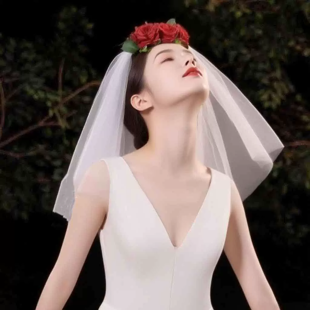 跨境货源新娘头纱红玫瑰网纱软纱白色领证婚礼摄影旅拍头饰高端