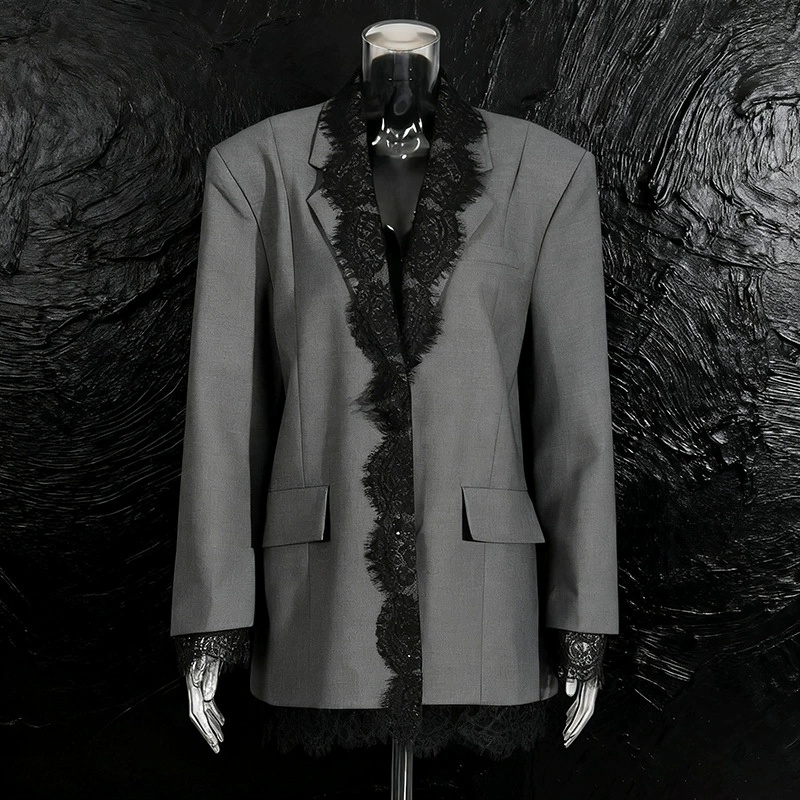 Модный дизайн, маленький костюм, осень 2021, новый кружевной пиджак с вышитыми лацканами, элегантный серый пиджак