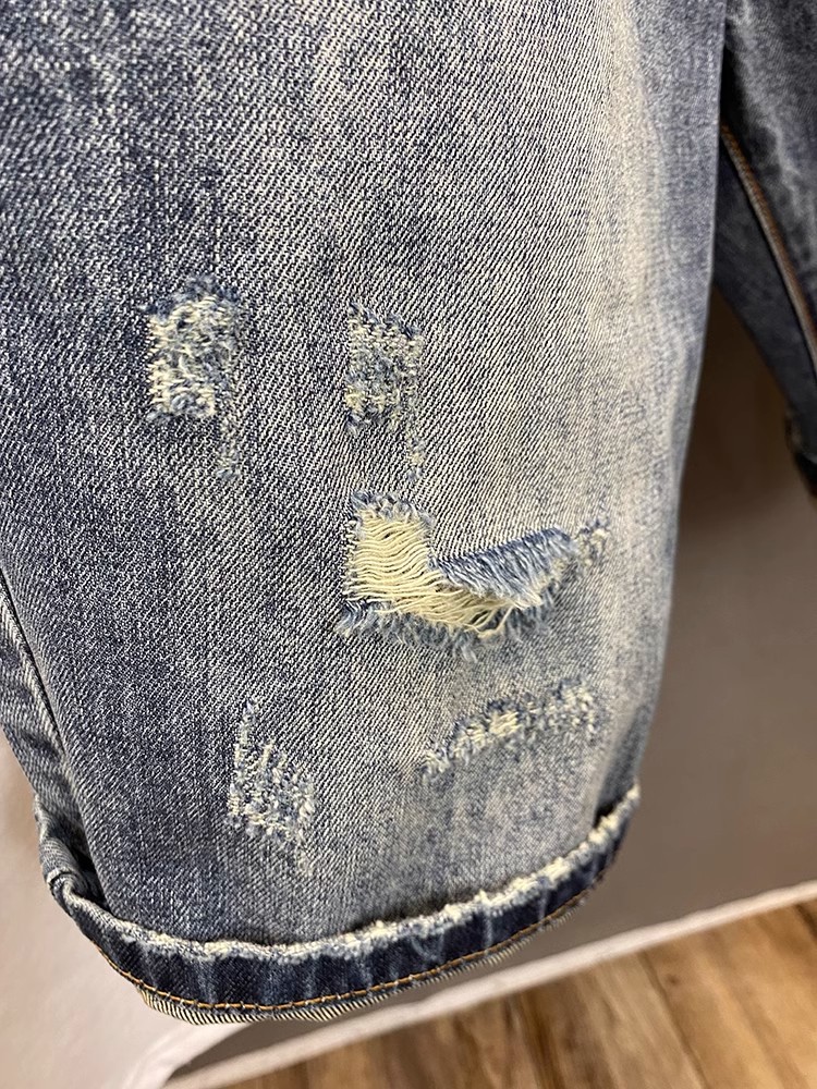 Men's Retro Ripped Denim Shorts Lightweight Summer Trendy Street Style Loose Fitting Straight Leg Five Point Pants_mkmklike.com