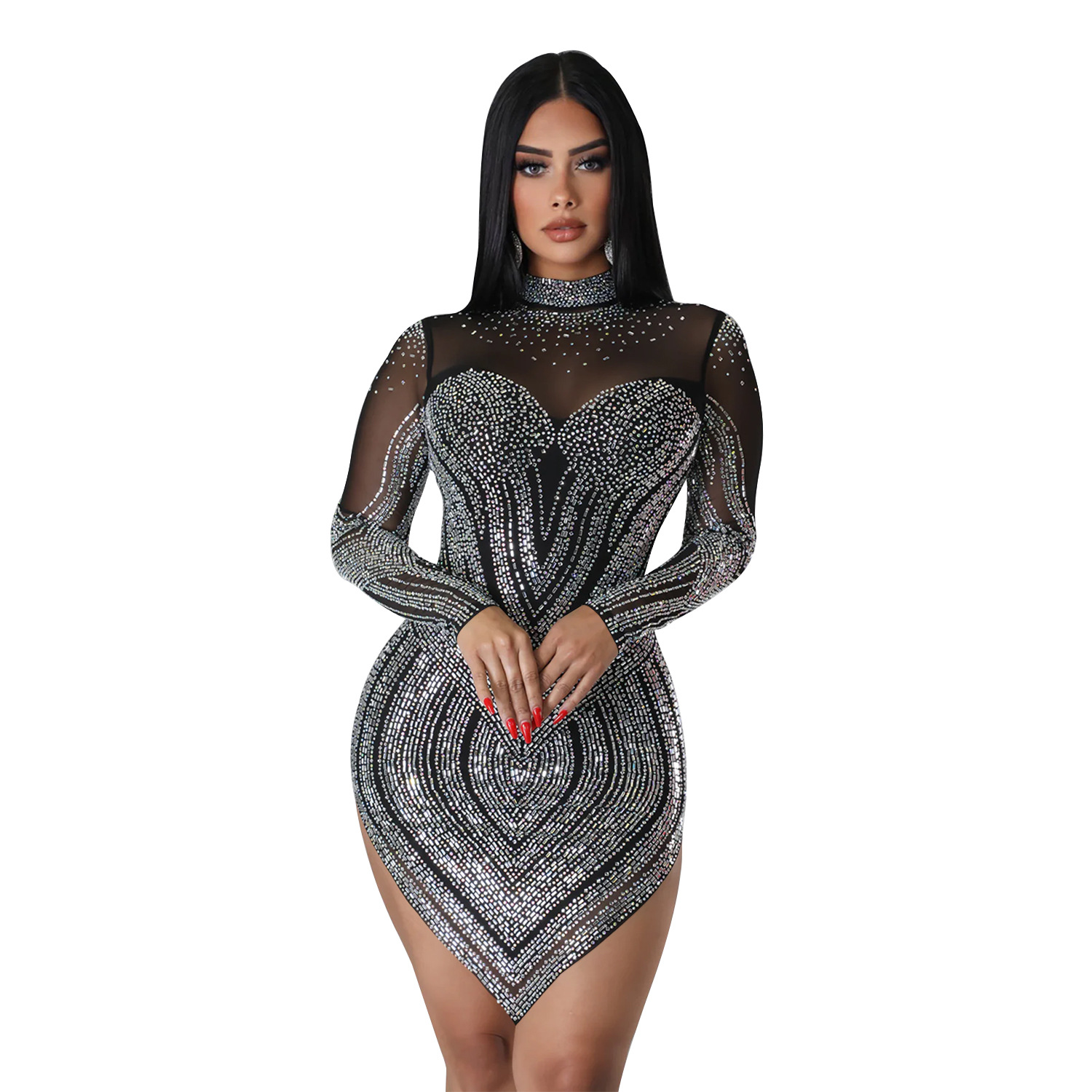 C6371 transfronterizo AliExpress Amazon moda europea y americana de las mujeres de color sólido de malla de perforación en caliente de manga larga vestido de falda corta image 7