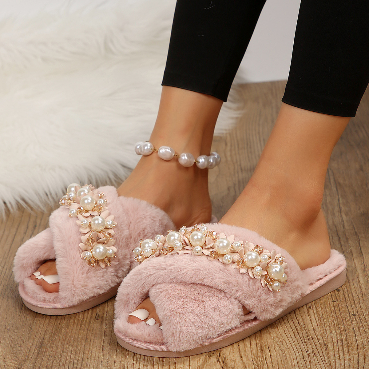 Women's Casual Elegant Solid Color Pearls Round Toe Cotton Slippers display picture 13