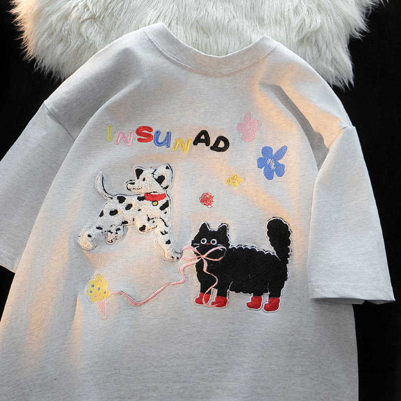 American Style Towel Embroidered Cute Cat Short-sleeved T-shirt Women's Pure Cotton Summer Loose American Style Lazy Chic Half-sleeved Top