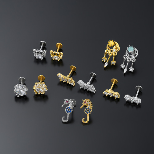 Amazon's cross-border best-selling temperament micro-encrusted zircon piercing jewelry women's flat-bottomed ear bone studs ear studs and lip studs wholesale