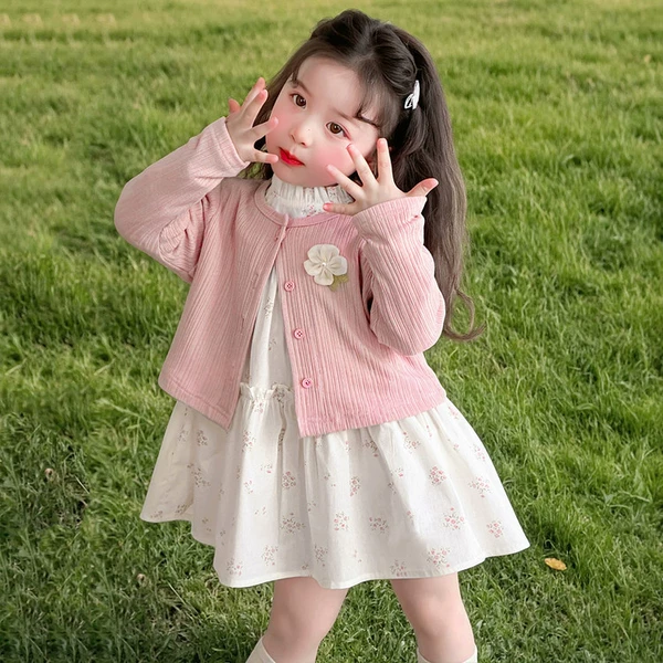 Fuchsia cardigan, dress, set, flowered