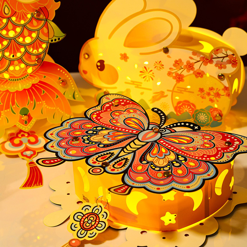 2025新款中秋节手工古风花灯diy材料包儿童手提投影发光兔子灯笼|undefined
