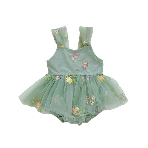  Girls Korean Style Suspender Jumpsuit Infant and Toddler Embroidered Cover Butt Mesh Princess Dress Newborn Hundred Days Dress