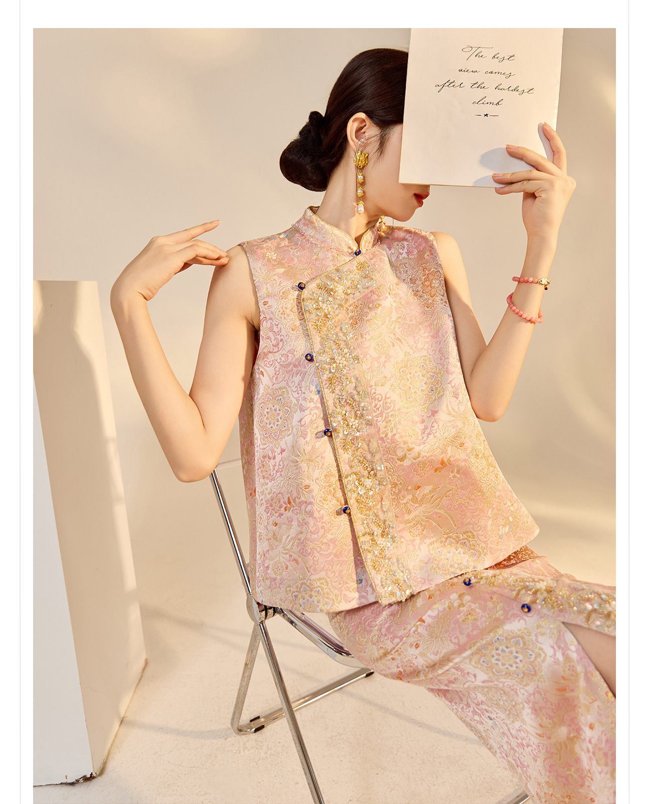 Bộ áo gile và chân váy chẻ cao phong cách Trung Hoa đính cườm thêu sequin mùa thu — nửa váy, Trang chủ chi tiết 6