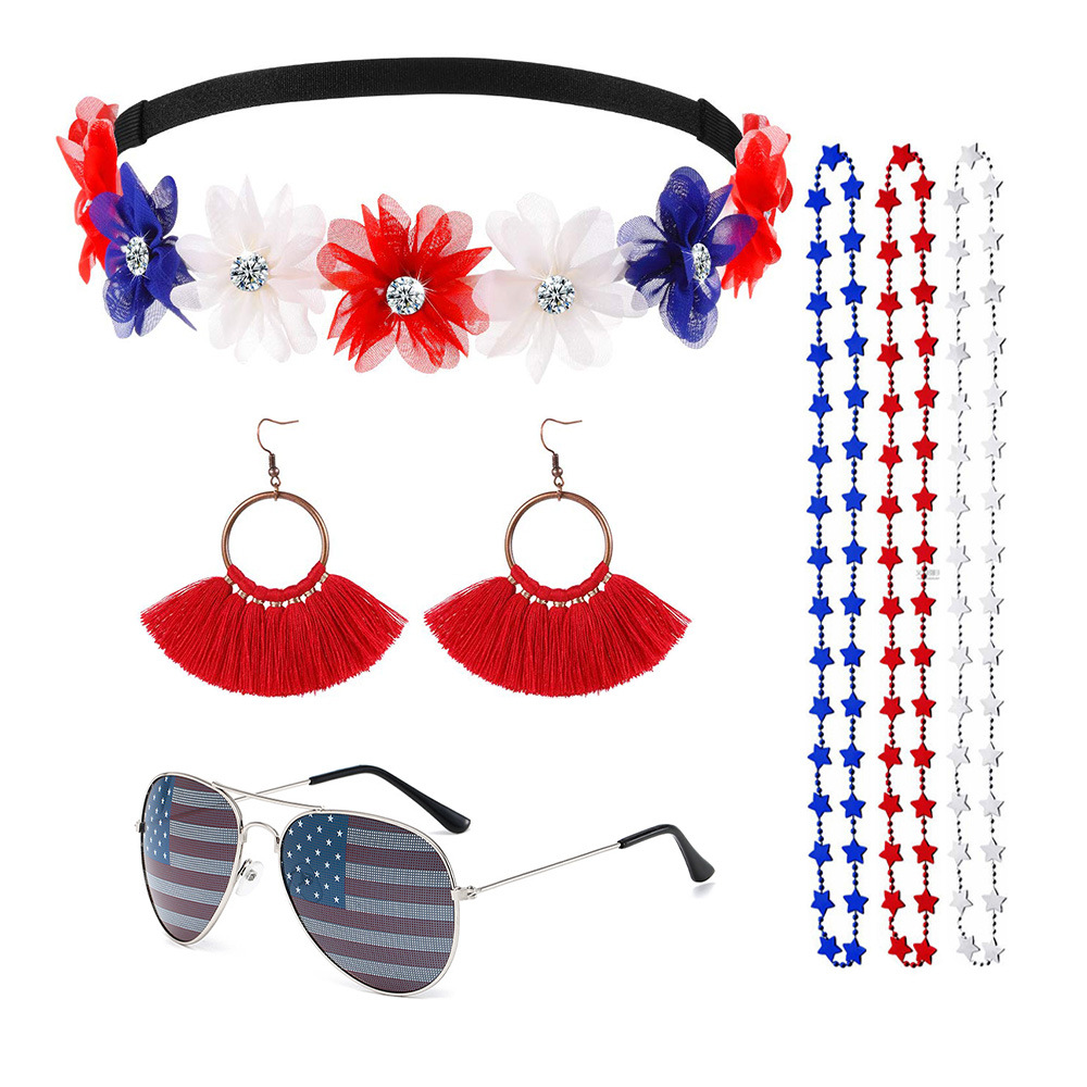 Gafas del Día de la Independencia de los Estados Unidos Diadema de carnaval Diadema Diadema Pendientes Pestañas postizas Gafas de bandera