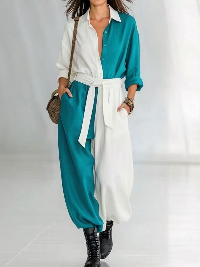 Damen Jumpsuit Mit Langarm Patchwork Und Gürtel Für Den Frühling_voghion.com