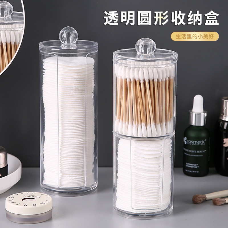 Caja de hisopo de algodón redondo transparente de doble capa soporte de hisopo de algodón dos en uno removedor de maquillaje de escritorio doméstico joyería de algodón caja de almacenamiento de algodón cosmético