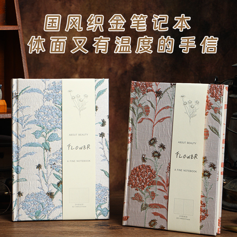 A5 Hardcover Embossed Gold-Stitched Cloth-Covered Lined Notebook, Simple Diary Notebook for Students