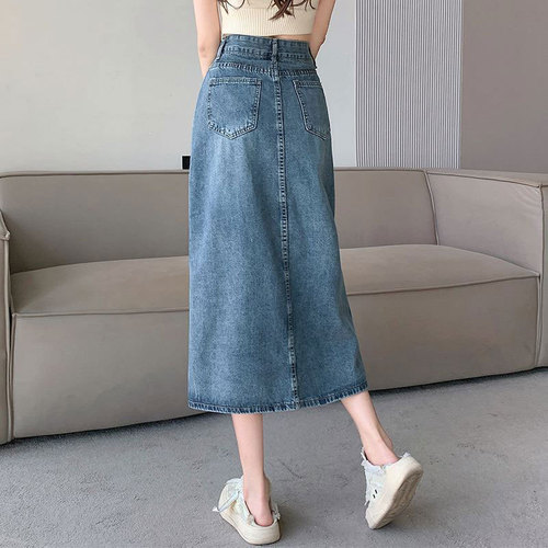 Slit skirt women's niche design pocket high waist a-line mid-length ins trendy bag hip retro denim skirt