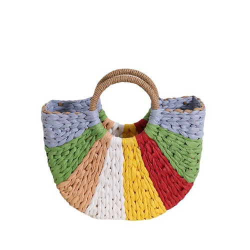 Half-moon rainbow hand-held grass bag woven bag new color clash hand-held grass-woven bag Bali vacation beach bag for women