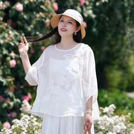 苎麻T恤衫女2026夏季新款文艺纯色圆领盘花百搭宽松套头衬衣小衫