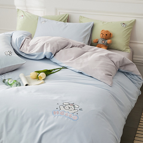 Cartoon Style 100% Cotton Long-staple Cotton Embroidery Four-piece Set All-season Soft Three-piece Set Cute Duvet Cover Bed Sheet Fitted Sheet Wholesale