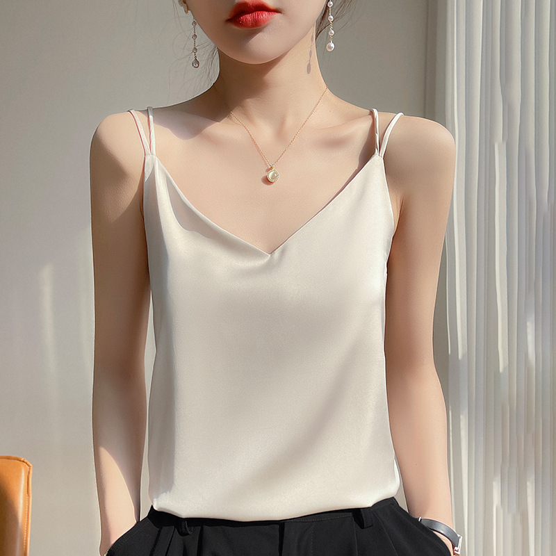 Cross-Border Summer Faux Ice Silk Camisole with Straps, Feminine Inner Wear, Beautiful Back, Loose Fit, Slimming Top with Backless Design Cross-Border Summer Faux Ice Silk Camisole with Straps, Feminine Inner Wear, Beautiful Back, Loose Fit, Slimming Top with Backless Design