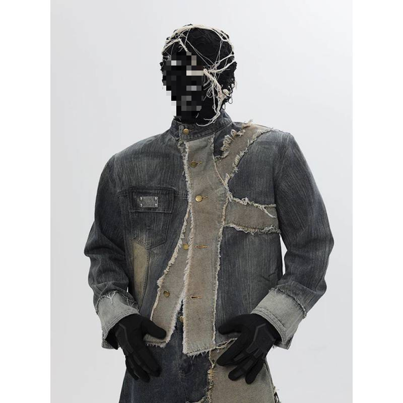 American High Street Niche Wasteland Style Design Patchwork Washed Denim Jacket Men's Spring Loose Fit Scimitar Pants Set American High Street Niche Wasteland Style Design Patchwork Washed Denim Jacket Men's Spring Loose Fit Scimitar Pants Set