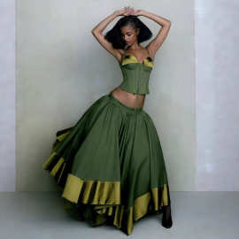 时尚套装女2026早春性感裹胸吊带上衣拼接装色蓬蓬大摆半身裙长裙