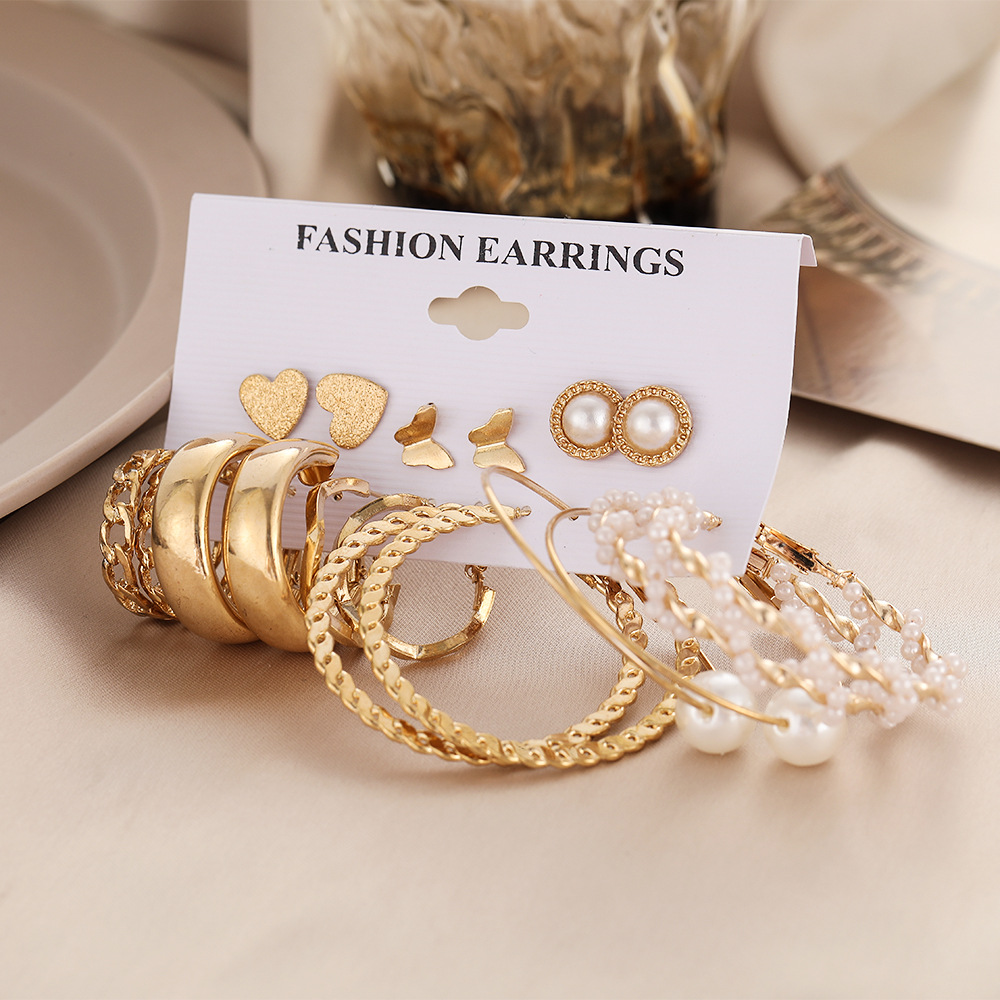 Creative Simple Pearl Butterfly Chain Hoop Earring 9 Piece Set Wholesale Nihaojewelry display picture 6