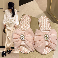 Fairy Wind Champagne Pink Silk Satin One-Sided Slippers, Home Non-Slip Flat Summer Slippers, Retro Fashion Women's Slippers