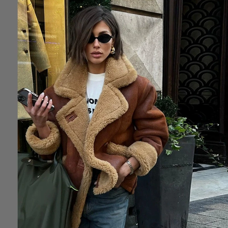 跨境欧美女装秋冬加绒加厚保暖舒适翻领毛领羊羔绒慵懒时尚外套