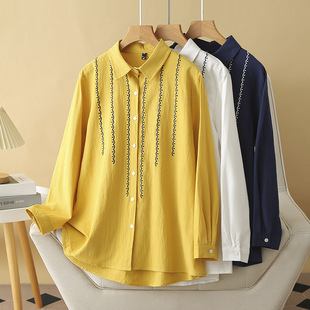 2024 Autumn Cotton Shirt Embroidered Long Sleeve Shirt Women's plus size Lapel 200 Jin chubby girl Shirt Slim Guofeng Vintage 476