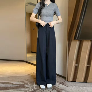藏青色窄版阔腿裤女秋季薄款2026年新款高腰宽松显瘦休闲直筒裤子