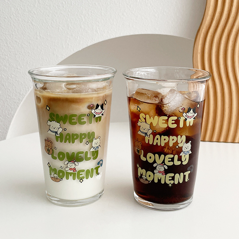 高颜値女性冷たいドリンクカップかわいい厚いガラスカップ学生コーヒーミルクカップ漫画ジュース飲料カップ|undefined
