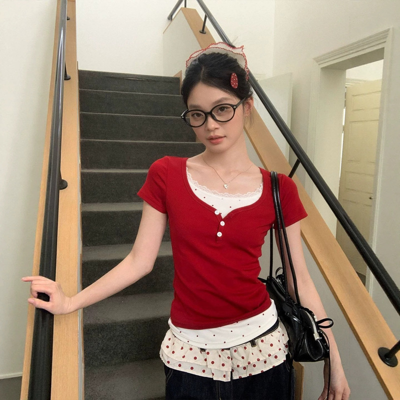 Sweet and Spicy Girly Style Fake Two-Piece Polka Dot Lace Short-Sleeved T-Shirt Summer Niche Fashion Age-Reducing Slimming Top
