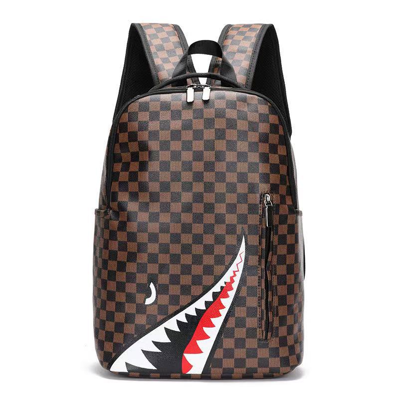 新しいシンプルな個性ファッションサメバックパックメンズバックパックチェック柄高校生大学生バッグコンピュータバックパック|undefined