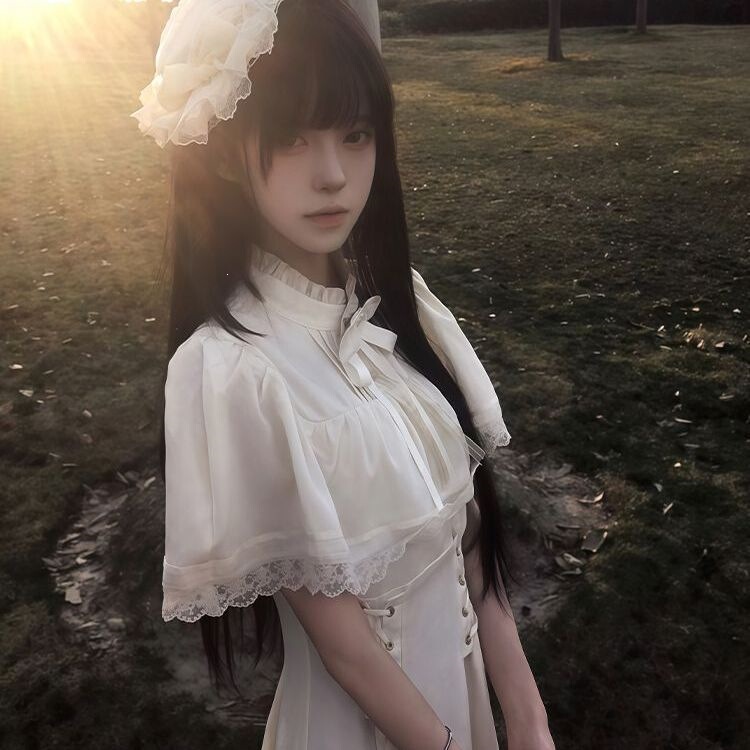 White Gothic Style Long Dress, Palace-Style Short-Sleeved Waist-Cinching Cape Dress for Women, New Summer Style 2026 White Gothic Style Long Dress, Palace-Style Short-Sleeved Waist-Cinching Cape Dress for Women, New Summer Style 2026