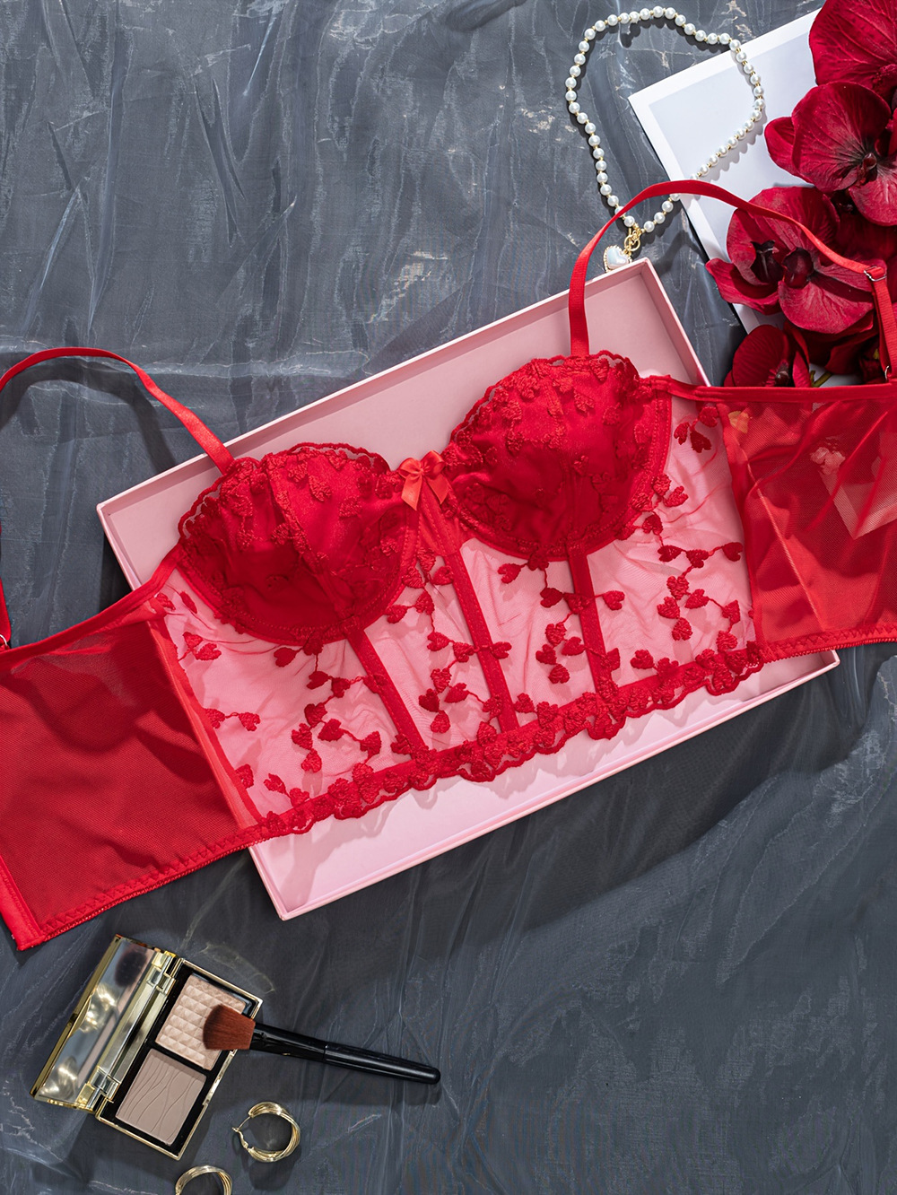 Women's Floral Embroidered Bra With Bow And Adjustable Straps_voghion.com