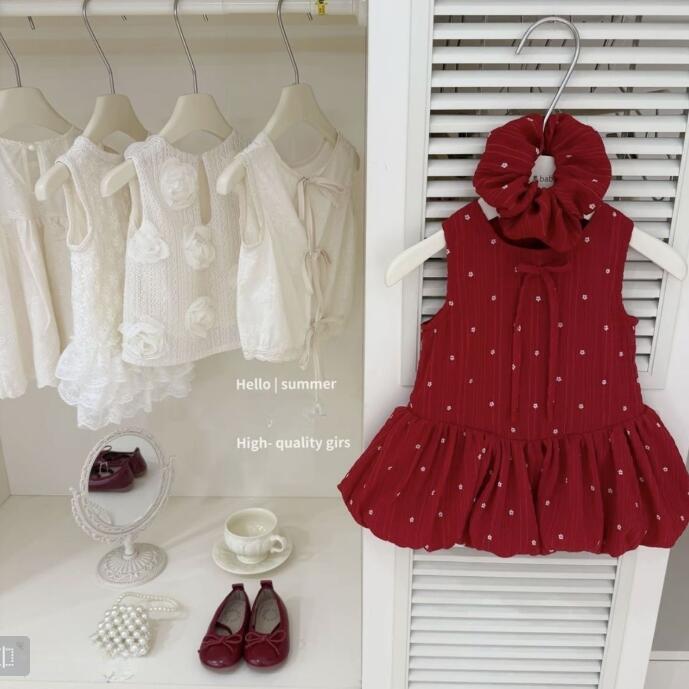 Girls Dress Summer 2025 New Love Vest Dress Sweet Baby Girl Flower Bud Princess Dress Korean Style Red