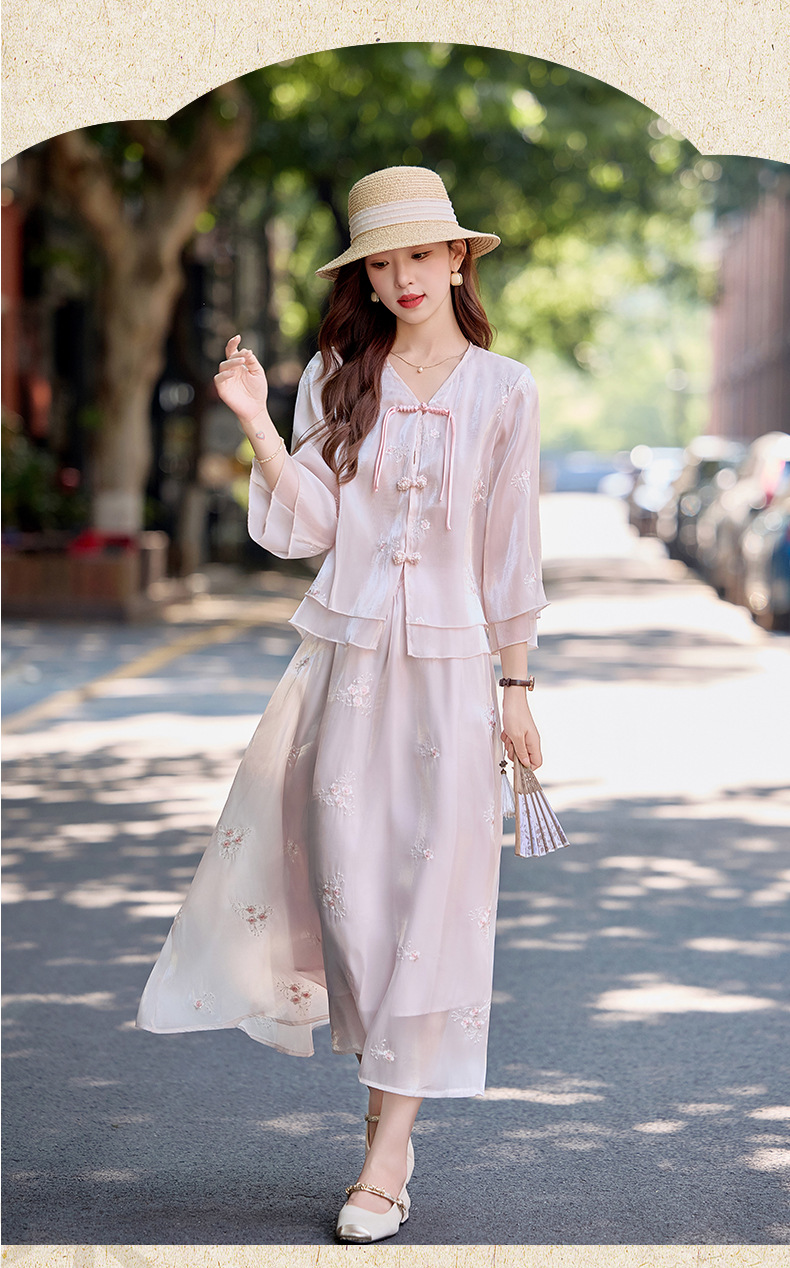 Bộ đầm maxi nữ thắt eo phong cách Trung Hoa mới tay ngắn cổ đứng — Màu như hình chi tiết 3