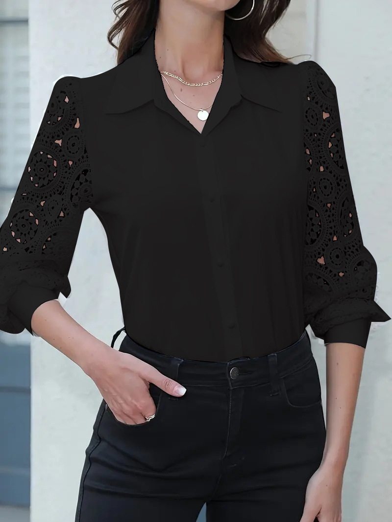Polyester Fabric Type Regular Top Length Wholesale Women's Polyester Casual Simple Style Solid Color Long Sleeve Blouses