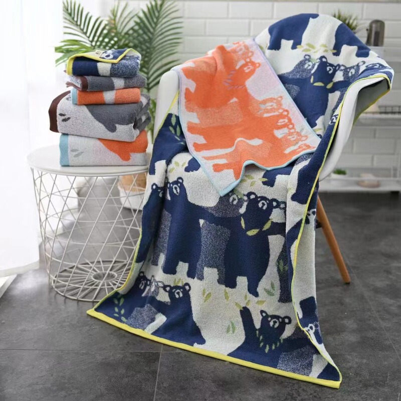 Pre-treatment color yarn jacquard bear cartoon color yarn large bath towel tube top-grade gift bath towel