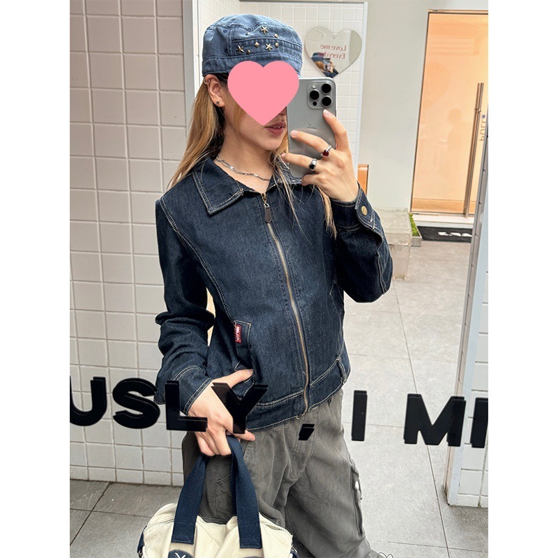 跨境川川也美式做旧修身牛仔夹克外套女复古短春秋新衣cleanfit深|undefined