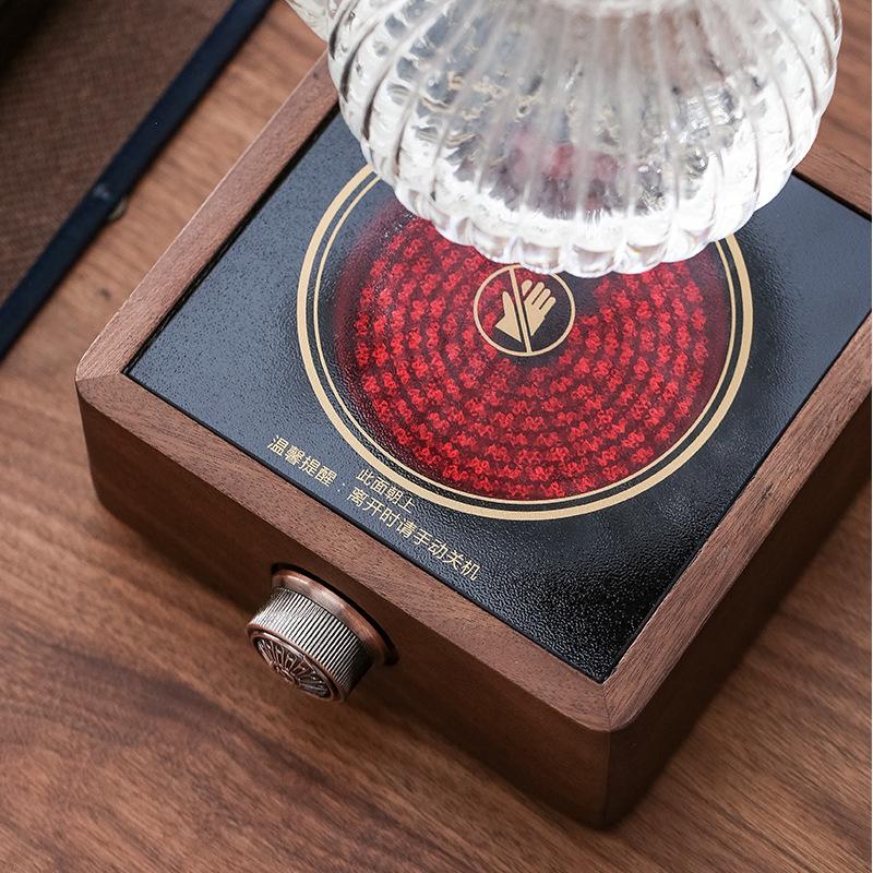 Estufa eléctrica de cerámica Nogal con tetera de vidrio, hervidor de té, cocina pequeña y elegante