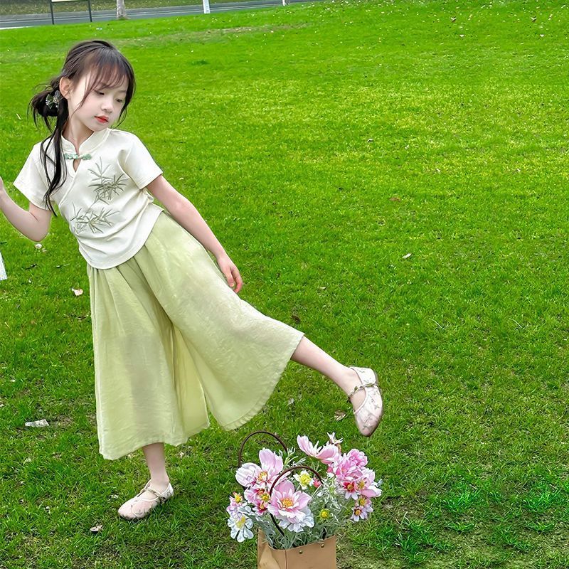 童装夏季女童夏装新中式套装2025新款中大童短袖上衣阔腿裤两件套