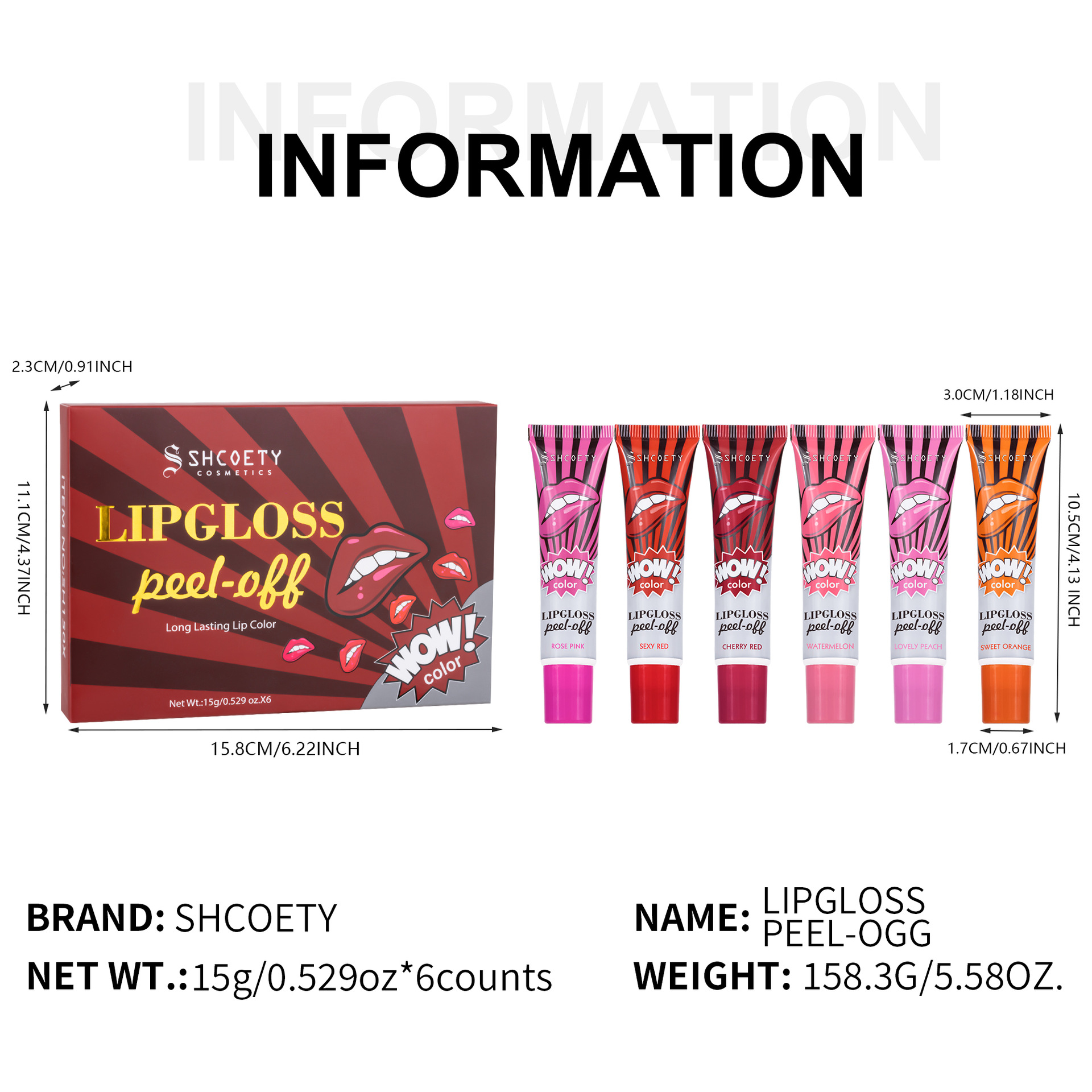 SHCOETY peel-off lipstick Set, Moisturizing lip mask, lip gloss, stretch, waterproof, non-fading, non-stick, lip gloss, cross-border Specification drawing