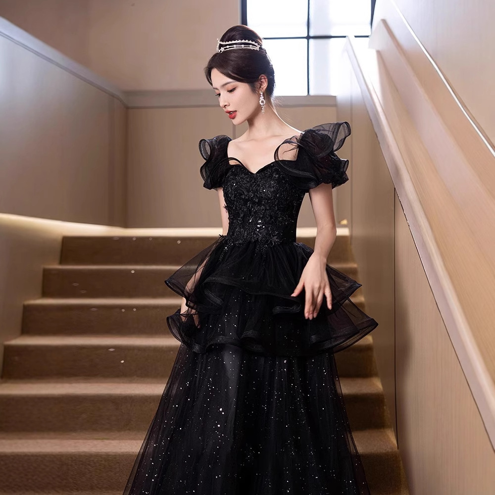Black Vintage Style Long Dress, Runaway Princess Niche Evening Dress, Coming-Of-Age Ceremony Ball Party Dress, Winter