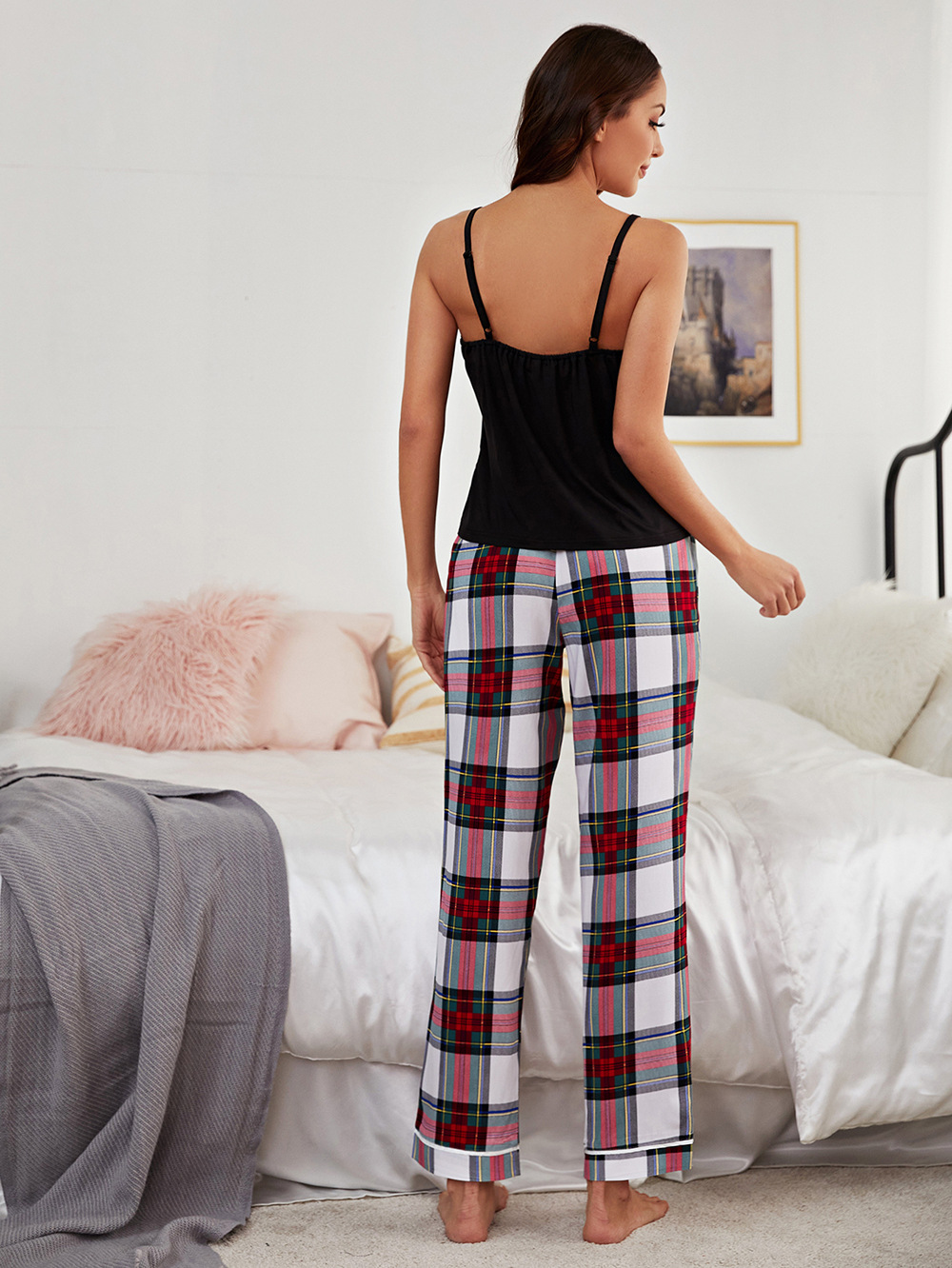 Conjunto de pijama y chaleco a cuadros de cintura alta sin espalda con tirantes NSWFC130804